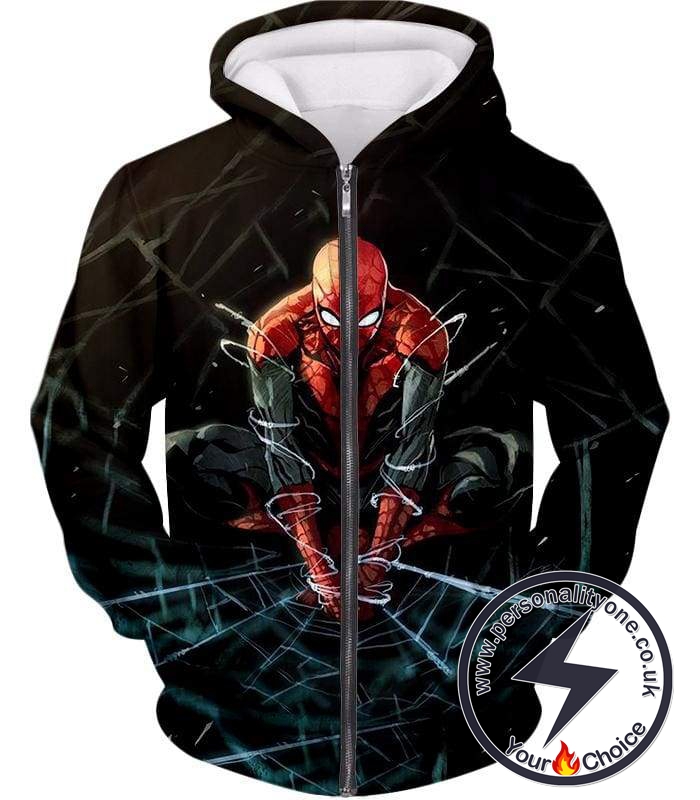 Ultimate Web Slinging Spiderman Action Black Zip Up Hoodie